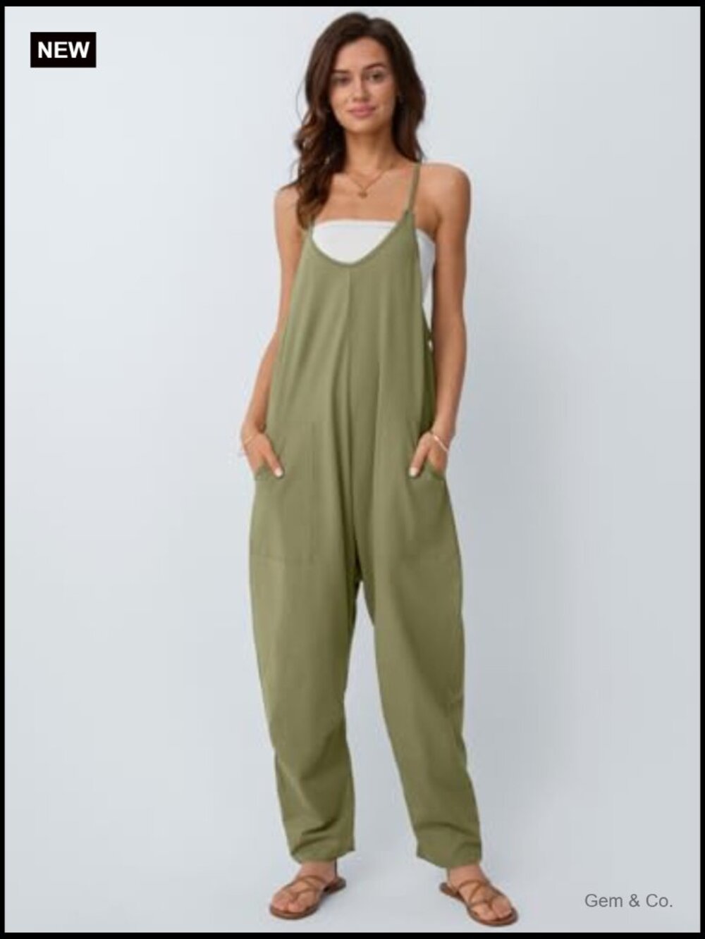 Casual Summer Jumpsuit Romper With Pockets Loose Fit V-Neck - Picture 2 of 6